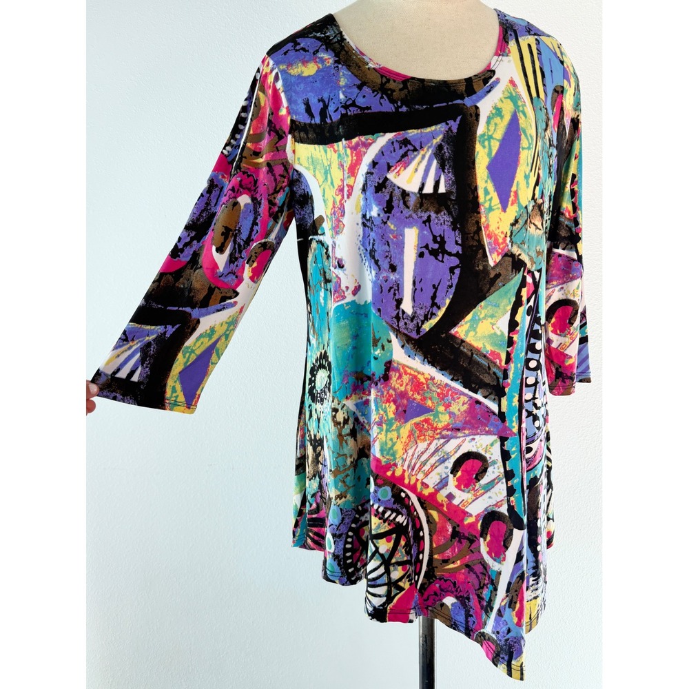Y2K Pretty Woman Tunic Top Boho Abstract Multi-Color Asymmetric Hem Art to Wear